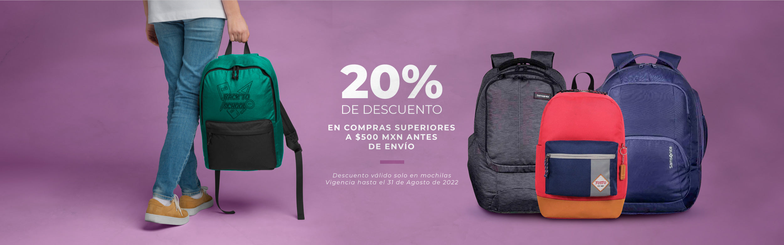 20% de descuento en mochilas en compras superiores a $500 pesos antes de envío, Miguel Petacas