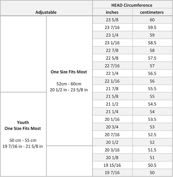 Notch Adjustable Hat Size Chart