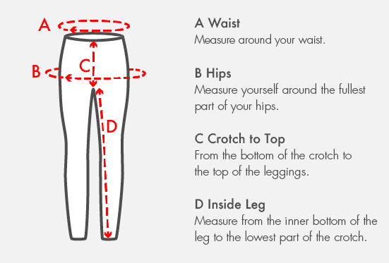 Size guide for leggings from The Rainbow Stores