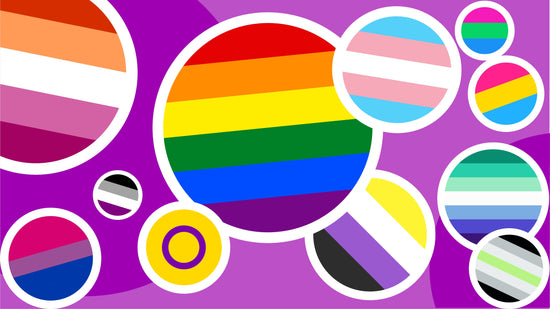 A series of Pride Flags in circles on a purple background