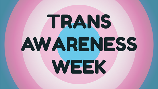 The trans flag colours as circles with the words trans awareness week written over them