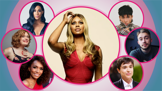 A composite image of seven trans people, from left Lana Wachowski, MJ Rodriguez, Janet Mock, Laverne Cox, Chella Man, Elliot Page and Alex Bertie