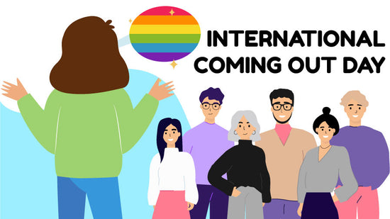An illustration of a girl standing in front of a group of people and coming out to them, with the text International Coming Out Day to one side