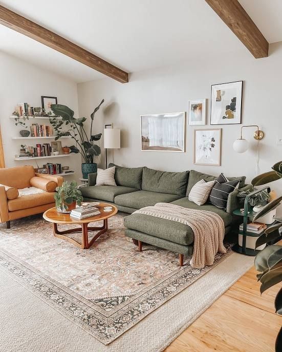 A cozy living room adorned with lush indoor plants, such as ferns, succulents, or a fiddle leaf fig tree.