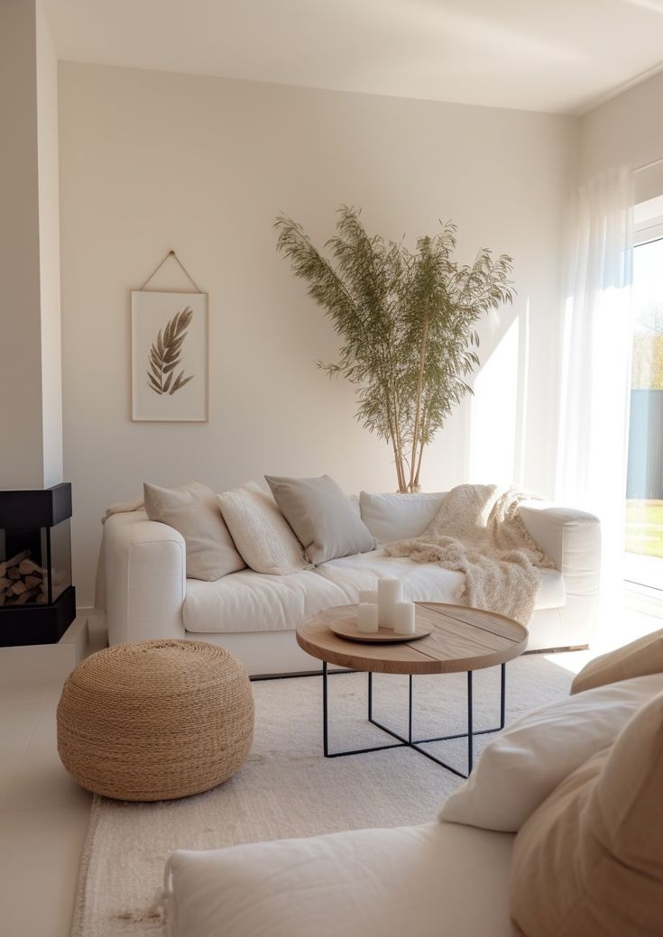 A minimalist living room with clean lines, neutral colors, and uncluttered surfaces, exuding a sense of calm and tranquility.