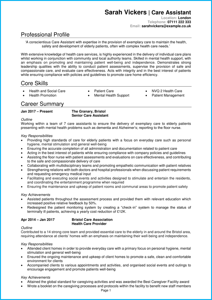 Care Assistant Cv Example Writing Guide [land Top Care Jobs]