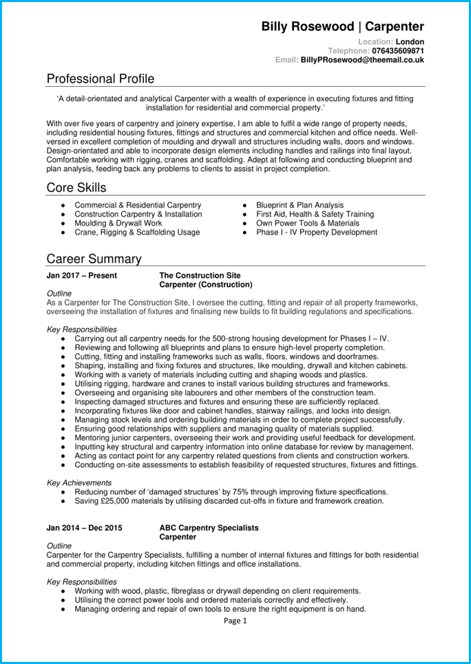 Carpenter Cv Example Complete Writing Guide Land Top Projects