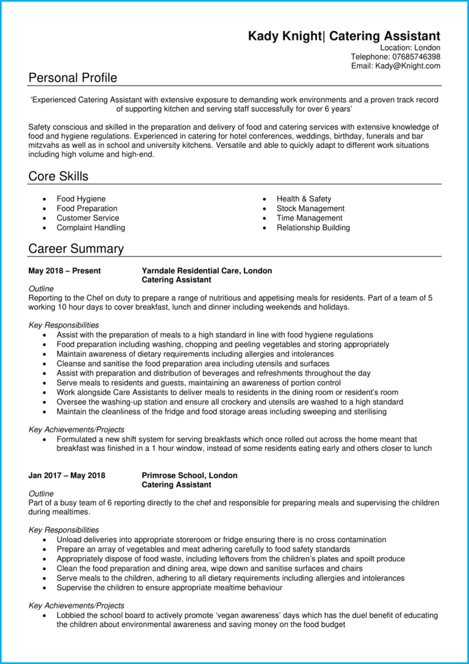 school kitchen assistant personal statement