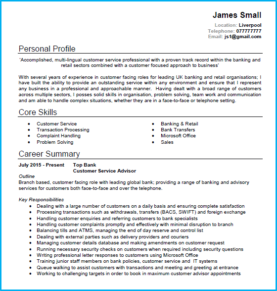 example personal statement cv customer service