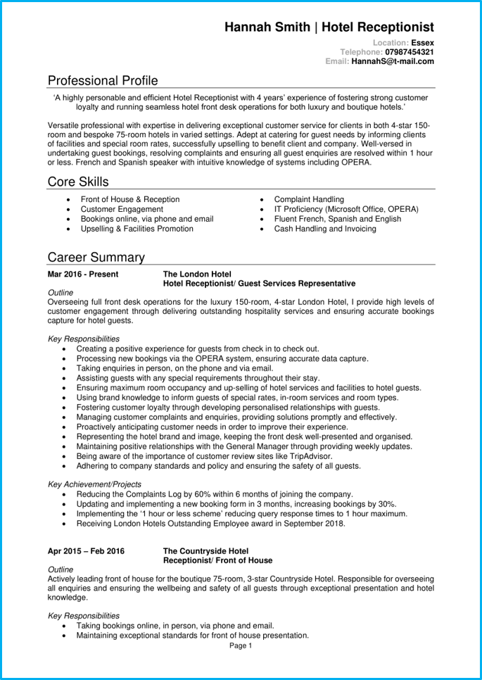 cv personal statement receptionist