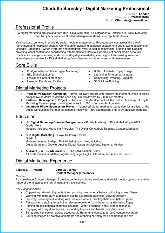 resume for content writing internship