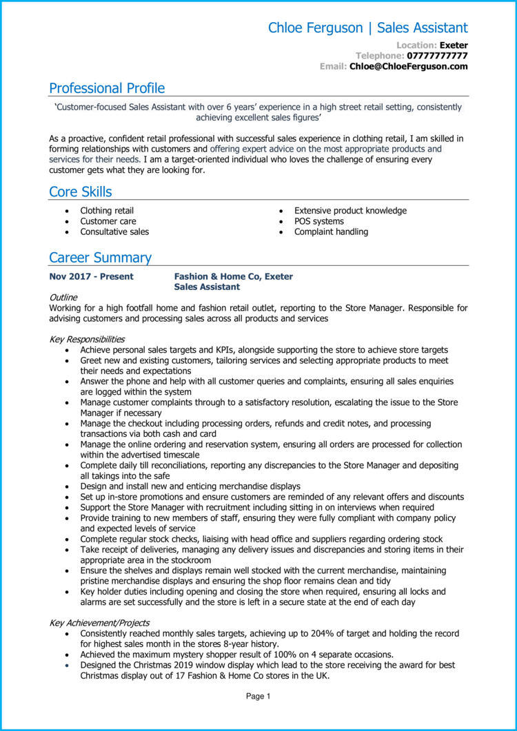cv personal statement for retail