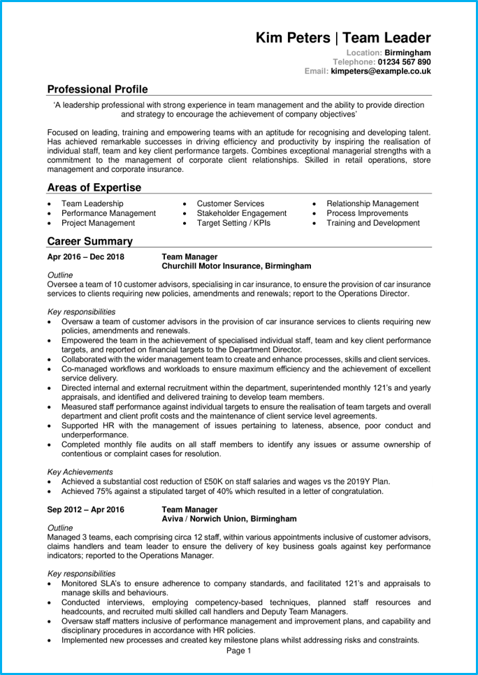 personal statement cv team leader