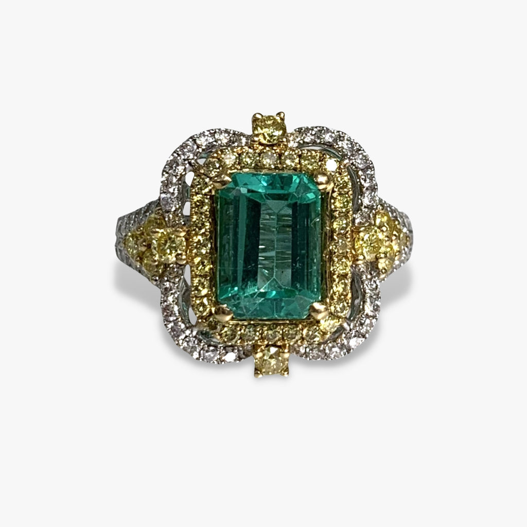 18k White Gold Emerald Cut Emerald and Diamond Ring