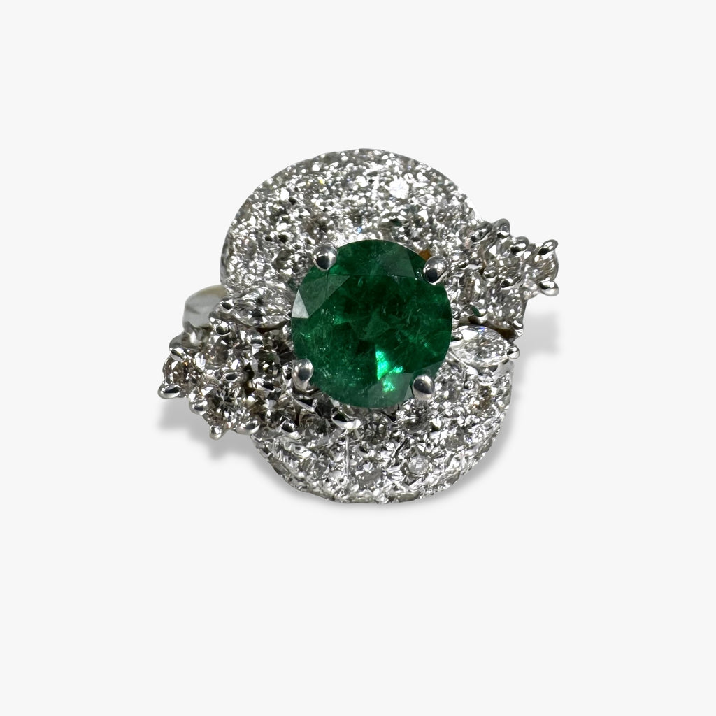 18k White and Yellow Gold Round Emerald and Diamond Vintage Ring