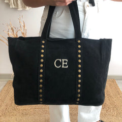 Bolso combinado loneta y piel gris iniciales bordadas con correa étnic –  Bubbleshopbcn