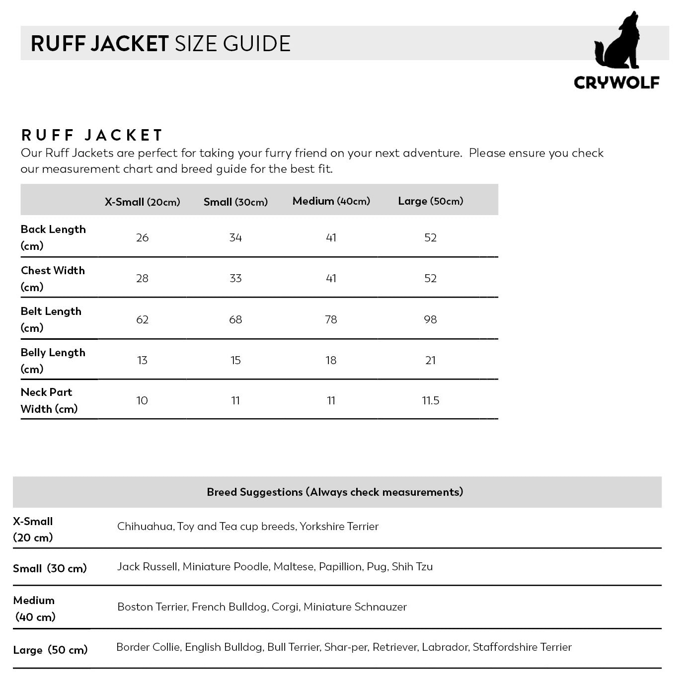 Ruff Jacket Size Chart