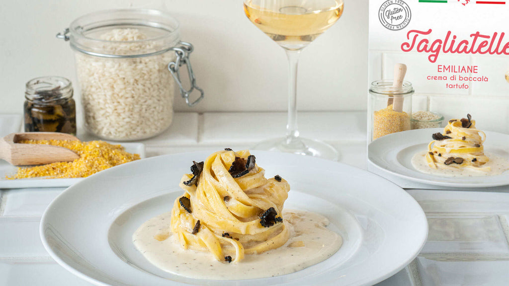 Certified gluten-free pasta with cod and truffle cream for quick and easy gluten-free recipes