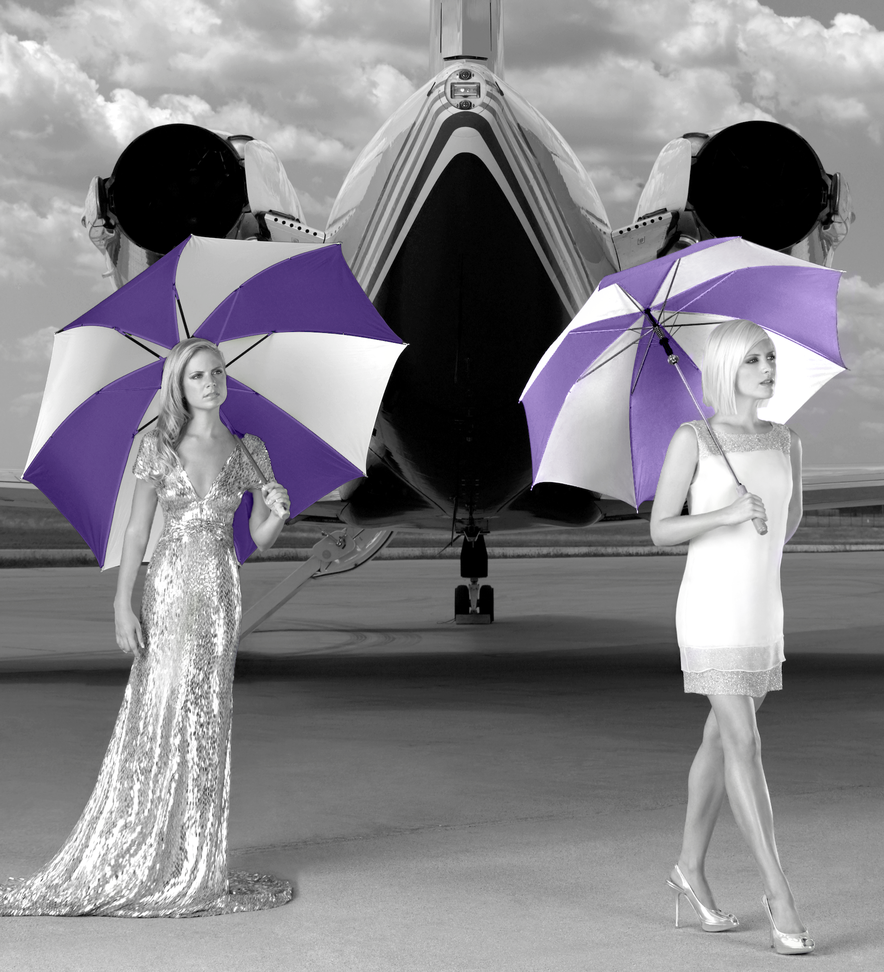 two women with purple umbrella in front of an airplane