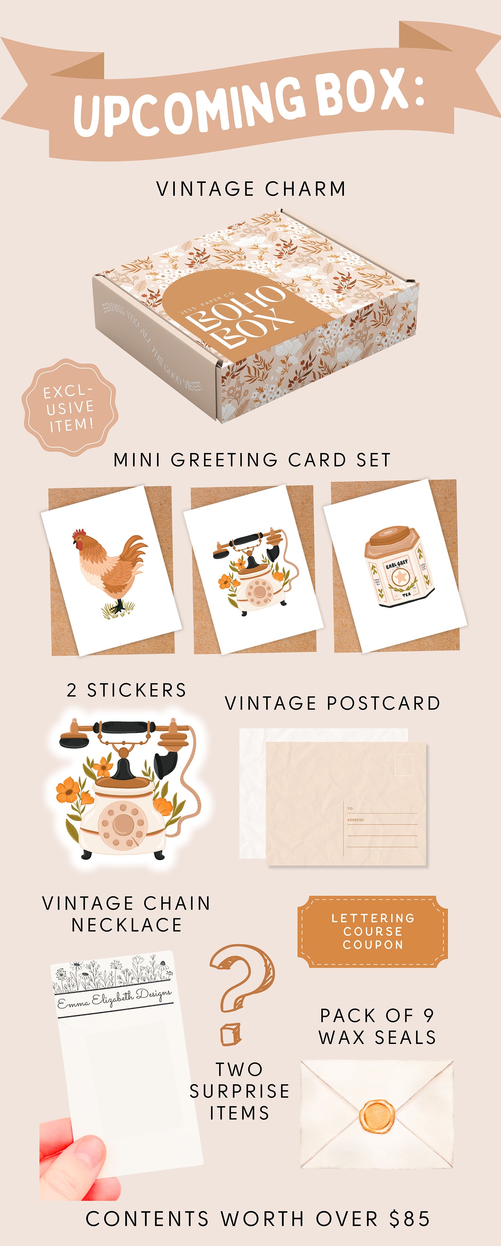 upcoming summer box including teracotta pot leaf earrings silk bandana magnet notebook, sticker and more