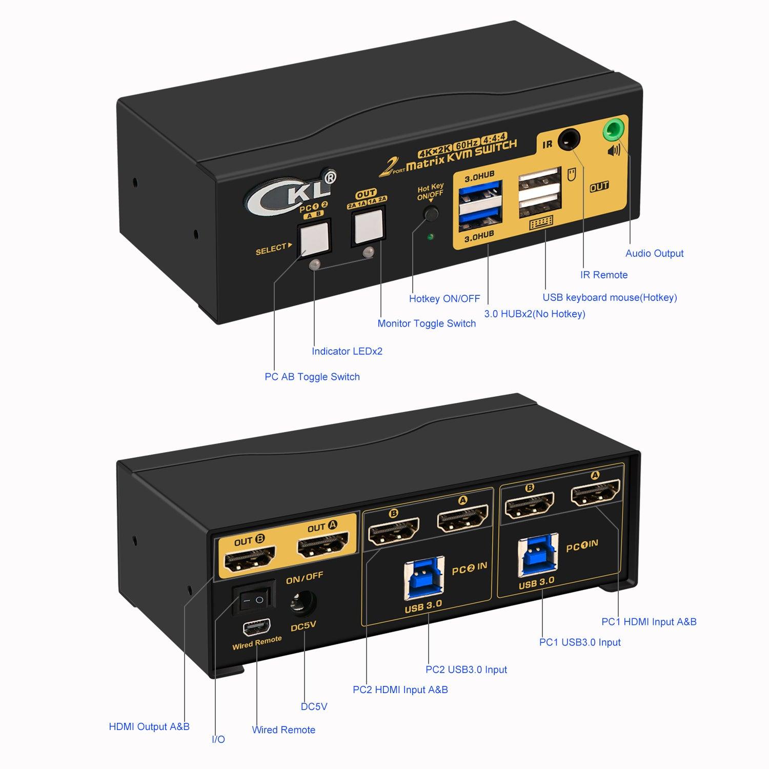 4 Port USB 3.0 HDMI+VGA KVM Switch Dual Monitor 4K 60Hz CKL-942HV-3