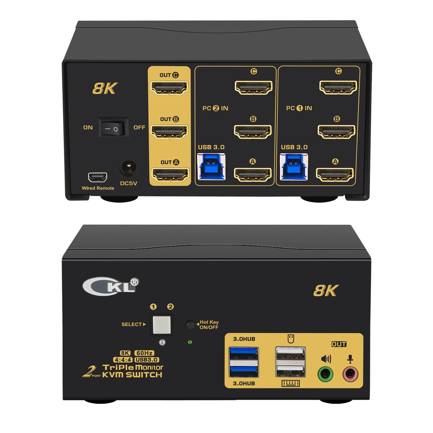 2 Port USB 3.0 KVM Switch Triple Monitor HDMI 2.1 8K@60Hz for – CKL KVM Switches