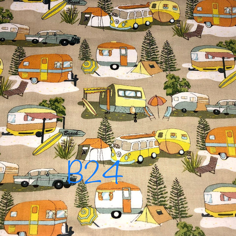 RV camping fun on light brown background