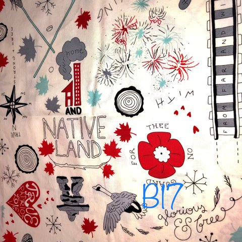 Canadiana symbols (red, black & aqua) on cream background