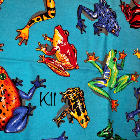 bright frogs on blue