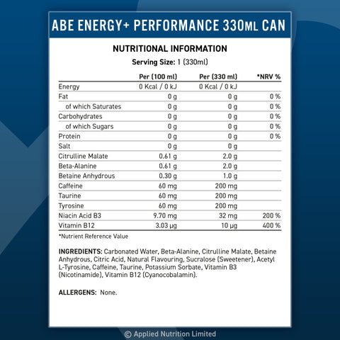 New ABE Energy Performance 330ml Can Nutritionals