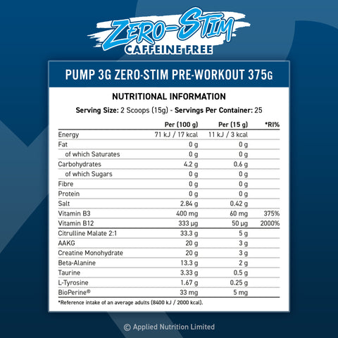 Pump 3G Zero-Stim Pre-Workout 375g (Caffeine Free) - Nutritionals