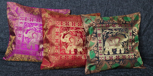 Cushion Cover - 100% Banarasi Silk - Brown/Blue/Pink/Green - Elephants/Peacocks/Birds 3