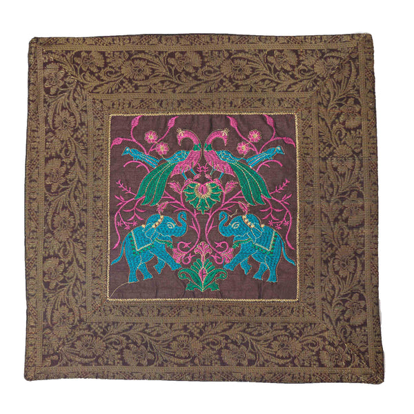 Cushion Cover - 100% Banarasi Silk - Brown/Blue/Pink/Green - Elephants/Peacocks/Birds 0