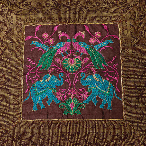 Cushion Cover - 100% Banarasi Silk - Brown/Blue/Pink/Green - Elephants/Peacocks/Birds 1