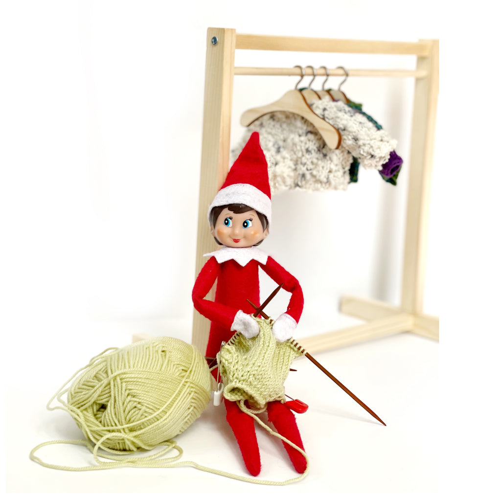 Elf on the Shelf knitting a sweater from Billy and Baa