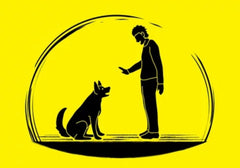 Cartoon Dog Being Trained to Sit by Human in Yellow Background