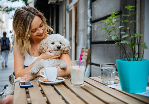 Woman with Cute Dog Outside a Cafe