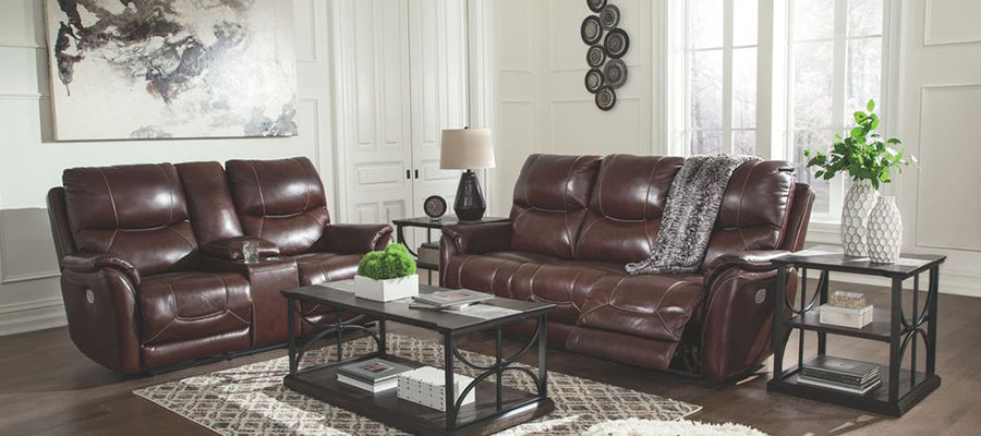 Image of living room with a leather power recliner sofa and loveseat in walnut colour