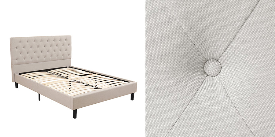 Upholstered headboard in off white fabric with tufting