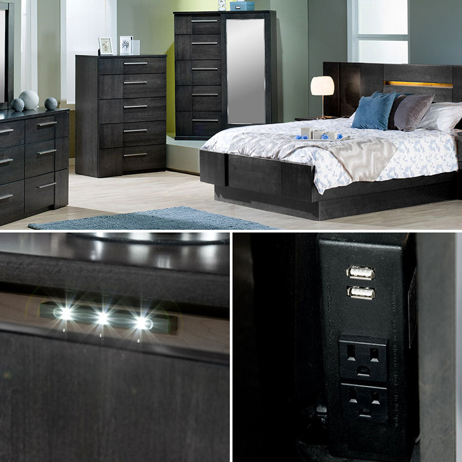 Bedroom set in dark finish with features like sensor light in top drawer of nightstand and power and USB ports