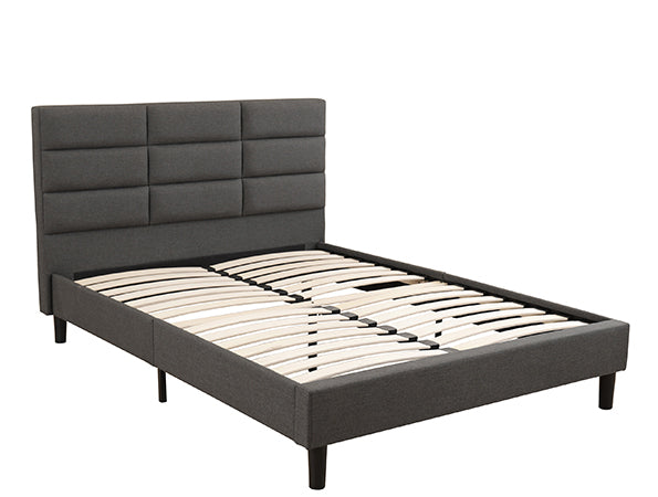 Upholstered bed with grey fabric and tufting