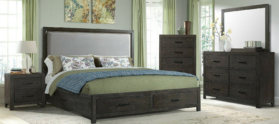 Image of bedroom set featuring a queen storage bed, nightstand, chest, mirror and dresser in a walnut finish