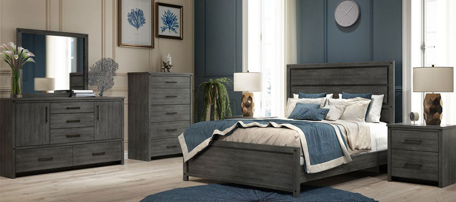 Sterling bedroom set with driftwood laminate finish and industrial black handles