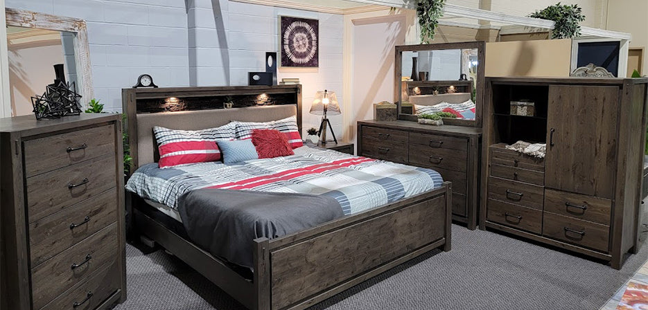 Bedroom set with distressed slate finish and antique black handles