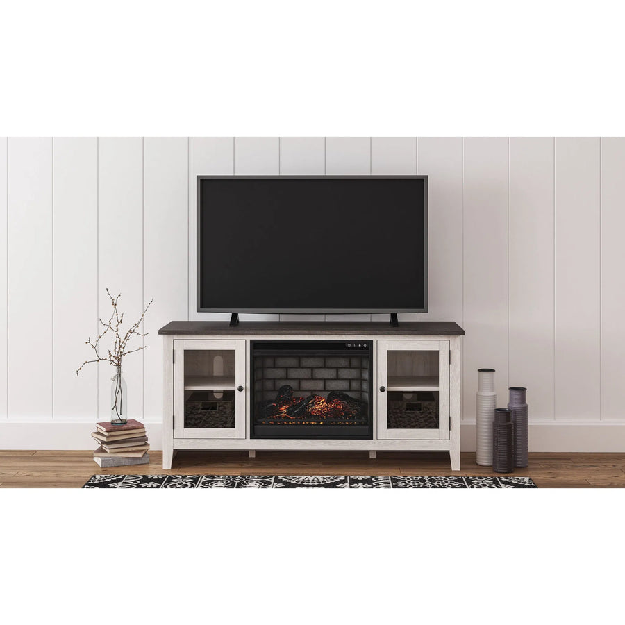 Dorrinson tv outlet stand with fireplace