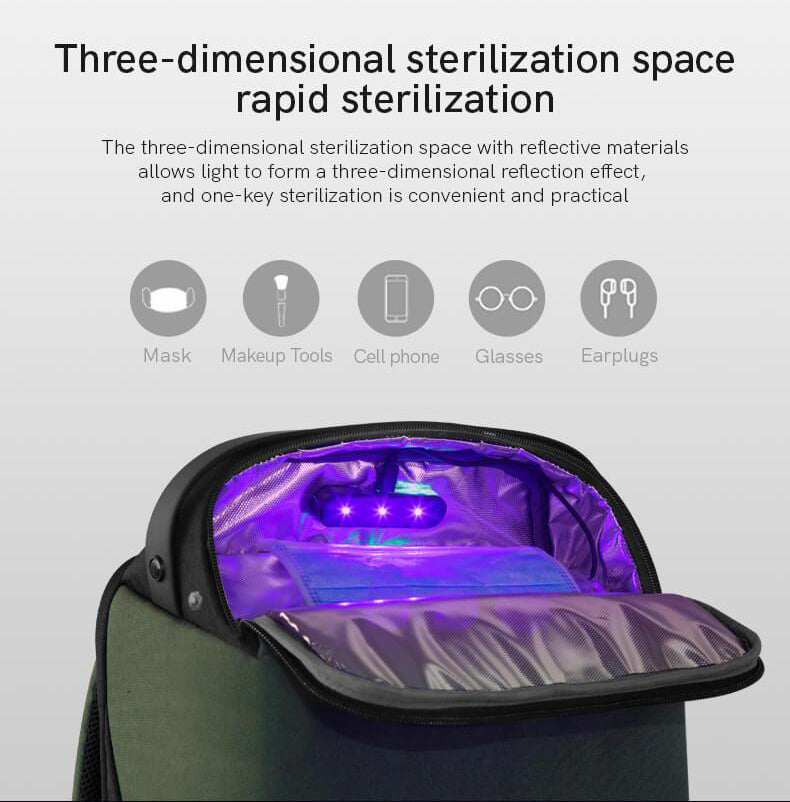 Kingsons backpack development technology shows that ultraviolet sterilization is a widely used sterilization method. Has the function of rapid sterilization. The three-dimensional sterile space with reflective material allows light to form a three-dimensional reflection effect. One-key sterilization is convenient and practical,Can store facial mask, makeup tools, mobile phone glasses, effective sterilization