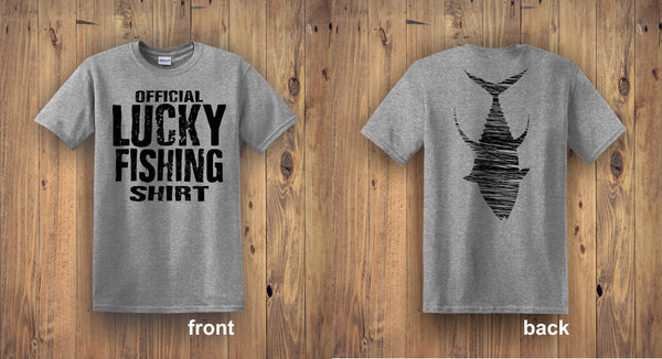 official, lucky, fishing, tshirt, gray shirt