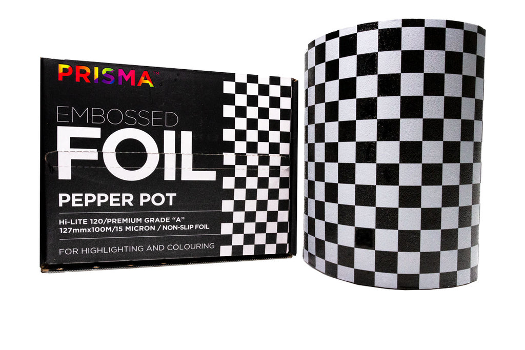 PRISMA - Embossed Foil - Pepper Pot - Black/White (100M) (PR-EF100-BW1 –  Agenda Salon Concepts