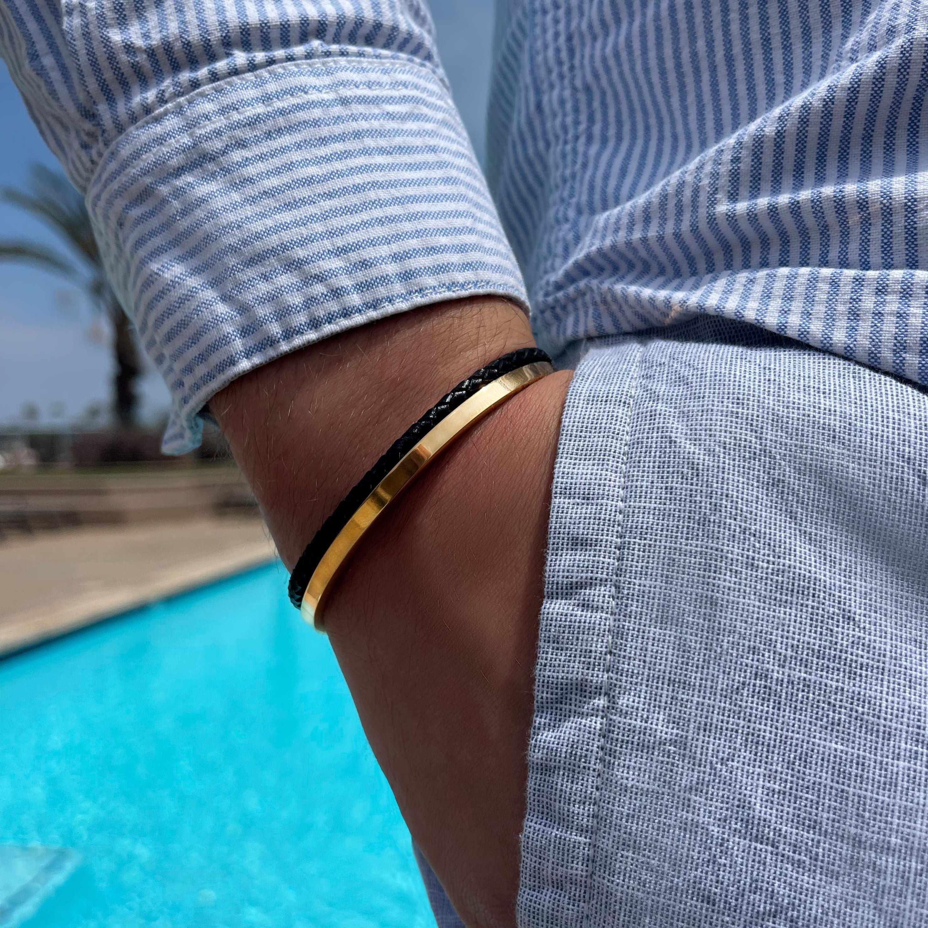 Men’s Golden Cuff Bracelet with Leather Rope - Eros Golden | Caligio ...
