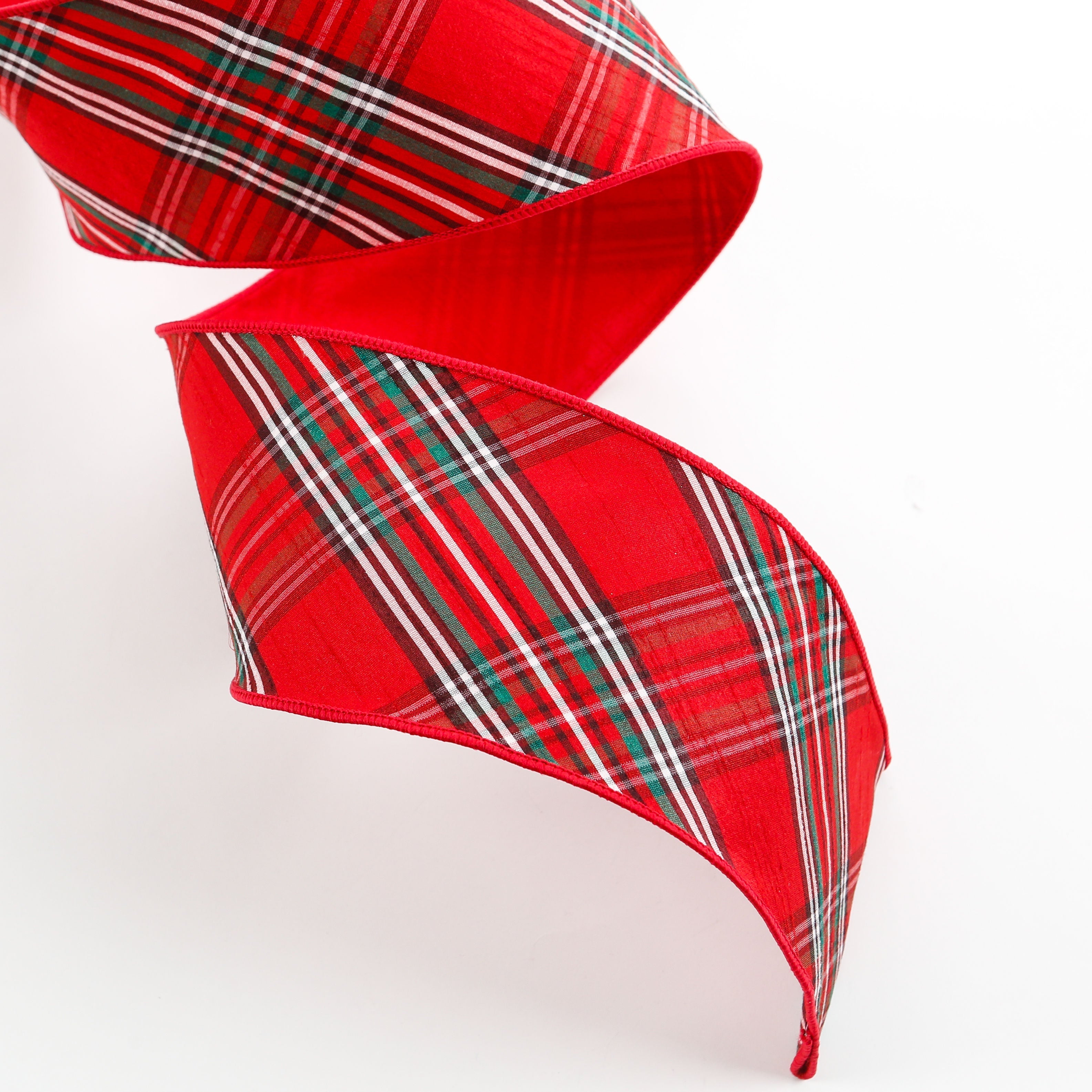 Red Green Black White Diagonal Plaid Ribbon - Fused Back, 4" X 5 Yards